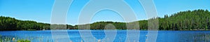 Beautiful forest lake with nice reflection. Panoramic view of beautiful lake landscape banner
