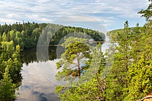 Beautiful forest lake in Russia. Panoramic view of beautiful lake