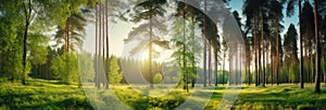 Beautiful forest panorama with large trees and bright sun