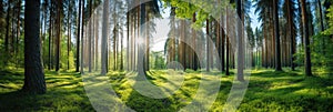 Beautiful forest panorama with large trees and bright sun