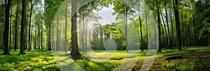 Beautiful forest panorama with large trees and bright sun