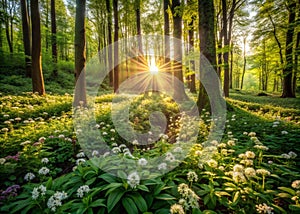 Beautiful forest scene featuring sunbeams through lush trees, delicate white blooms, and tranquil greenery wallpaper background photo