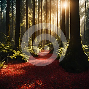 A beautiful forest scene with a red flowered path.