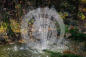 Beautiful fountain in autumn garden pond against background of shady fall garden. Freshness of water jets