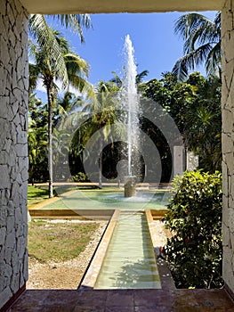 Beautiful fountain from a Caribbean luxury resort hotel pool