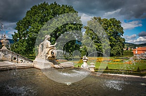 Beautiful fountain in the garden of Cesky Krumlov castle