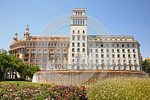 Beautiful fountain & gardens, Placa de Catalunya or Catalonia Square, Barcelona, Spain. photo