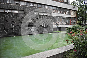 Beautiful fountain of the main entrance of the Central Library of the National Autonomous University of Mexico UNAM