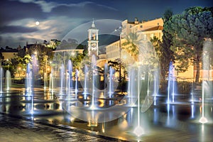 Beautiful fountain on Place Massena in Nice at night time. France