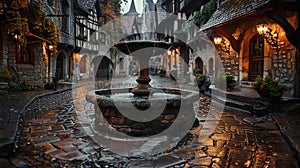 A beautiful fountain in a quaint European village square surrounded by old stone buildings with wood shutters and flower pots