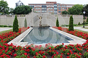 Gorgeous fountain dedicated to philanthropist Spencer Trask seen in historic Congress Park, Saratoga Springs, New York, 2018