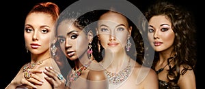 Beautiful Four models girls with set of Jewelry. Luxury girls in shine jewellry: Eearrings, Necklace, and Ring. Women in jewelry