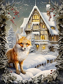 Beautiful fox in Christmas setting watercolor painting.