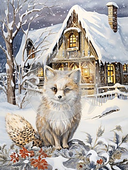 Beautiful fox in Christmas setting watercolor painting.