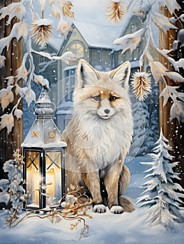 Beautiful fox in Christmas setting watercolor painting.