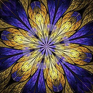 Beautiful fractal flower in stained-glass window style. Purple, Gold. You can use it for invitations, notebook covers, phone cases