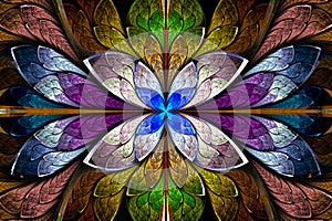 Beautiful fractal pattern in stained-glass window style. Blue, b
