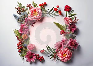 Beautiful frame from assorted flowers and blank greeting card