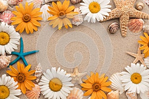 Beautiful frame consists of flowers, sea stars, sea shells lying on the sand.