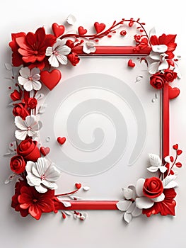 Beautiful frame with flowers and hearts on white background, top view