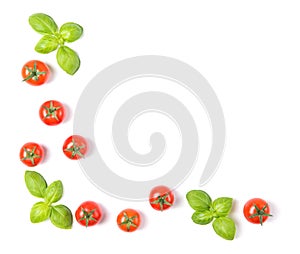 Beautiful frame made of fresh cherry tomatoes with basil leaves, isolated on white background, vegetable pattern, top view