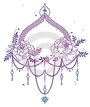 Beautiful frame with peonies and mehndi style decoration