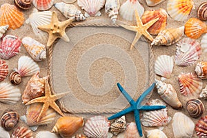 Beautiful frame of rope and seashells, starfish on the sand