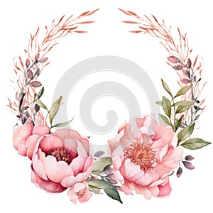 Beautiful frame for wedding invitation, watercolor, peonies flowers, isolated