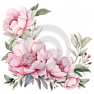 Beautiful frame for wedding invitation, watercolor, peonies flowers, isolated