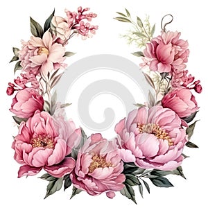 Beautiful frame for wedding invitation, watercolor, peonies flowers, isolated