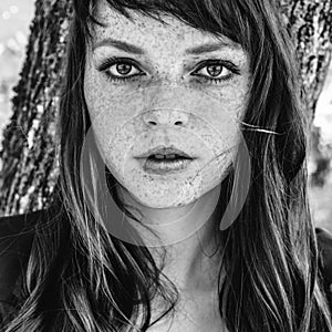 Beautiful freckle woman in autumn park black and white