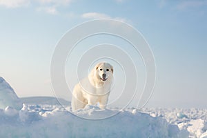 Beautiful and free maremmano abruzzese dog standing on ice floe and snow on the frozen sea background