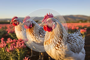 Beautiful free range chickens roaming and enjoying a leisurely stroll in picturesque countryside