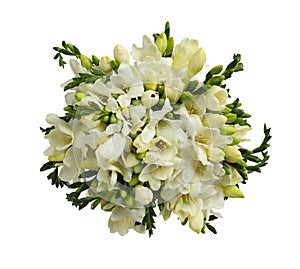 Beautiful freesia bouquet isolated on white, top view