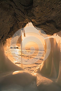 Beautiful freezing Ice caved on rock