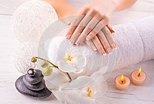 Beautiful french manicure with white orchid