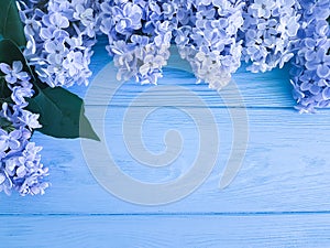 Beautiful fresh bloom lilac decoration springtime greeting anniversary mothers day gift holiday on a wooden background border