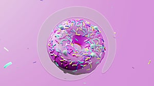 Beautiful fresh donut rotating close-up above a pink bright background with levitating sprinkles, advertising footage, copy space