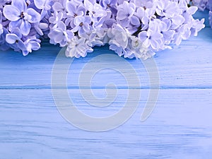 Beautiful fresh lilac decoration springtime greeting anniversary mothers day gift holiday on a wooden background border