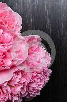 beautiful fresh peonies on wooden surface. Floral frame with pink peonies on wooden background