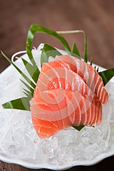 Fresh salmon sashimi on ice