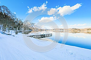 Beautiful fresh snow in winter around the mountains Lake with