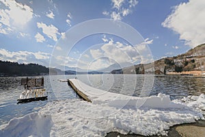 Beautiful fresh snow in winter around the mountains lake with blue sky background, Nagano Prefecture, Japan