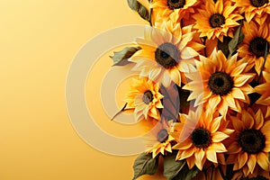 Beautiful fresh sunflowers on yellow background. Flat lay, top view, copy space