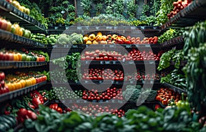 Beautiful fresh vegetables in supermarket. An area with vegetable shelves