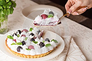 Beautiful freshly made berry meringue tart decorated with mint leaves on plate. Stunning Blackberry meringue pie still life