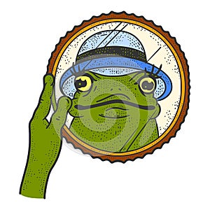 Beautiful frog in a hat looks in the mirror. Sketch scratch board imitation.