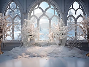 beautiful frozen Garden background for photo manipulation , empty , white flowers , big windows, in the middle room for copy ,