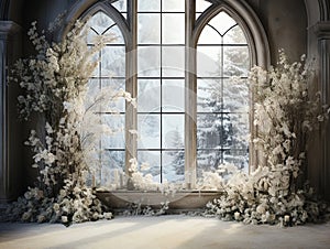 beautiful frozen Garden background for photo manipulation , empty , white flowers , big windows, in the middle room for copy ,