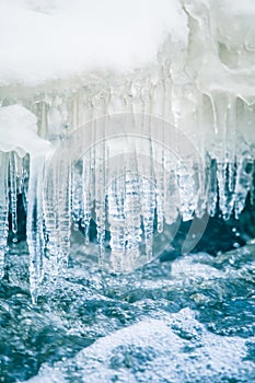 A beautiful frozen icicles at the bank of river in Latvia.